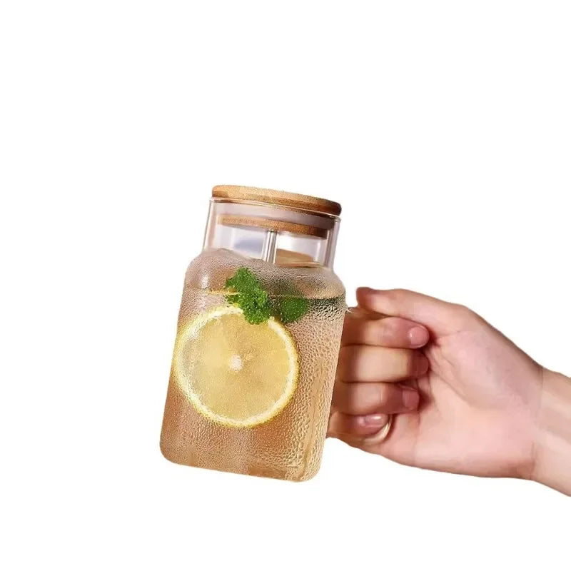 High Borosilicate Glass Cup Square with Lid and Straw Ins Wind Drinking Water Cup