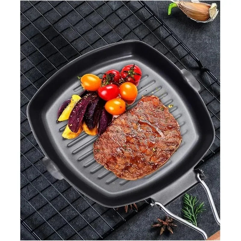 Portable Foldable Frying Pan Picnic Grill Pan Anti-scald Wooden Handle Outdoor Grill Pan Double Mouth Steak Pan(No Lid)