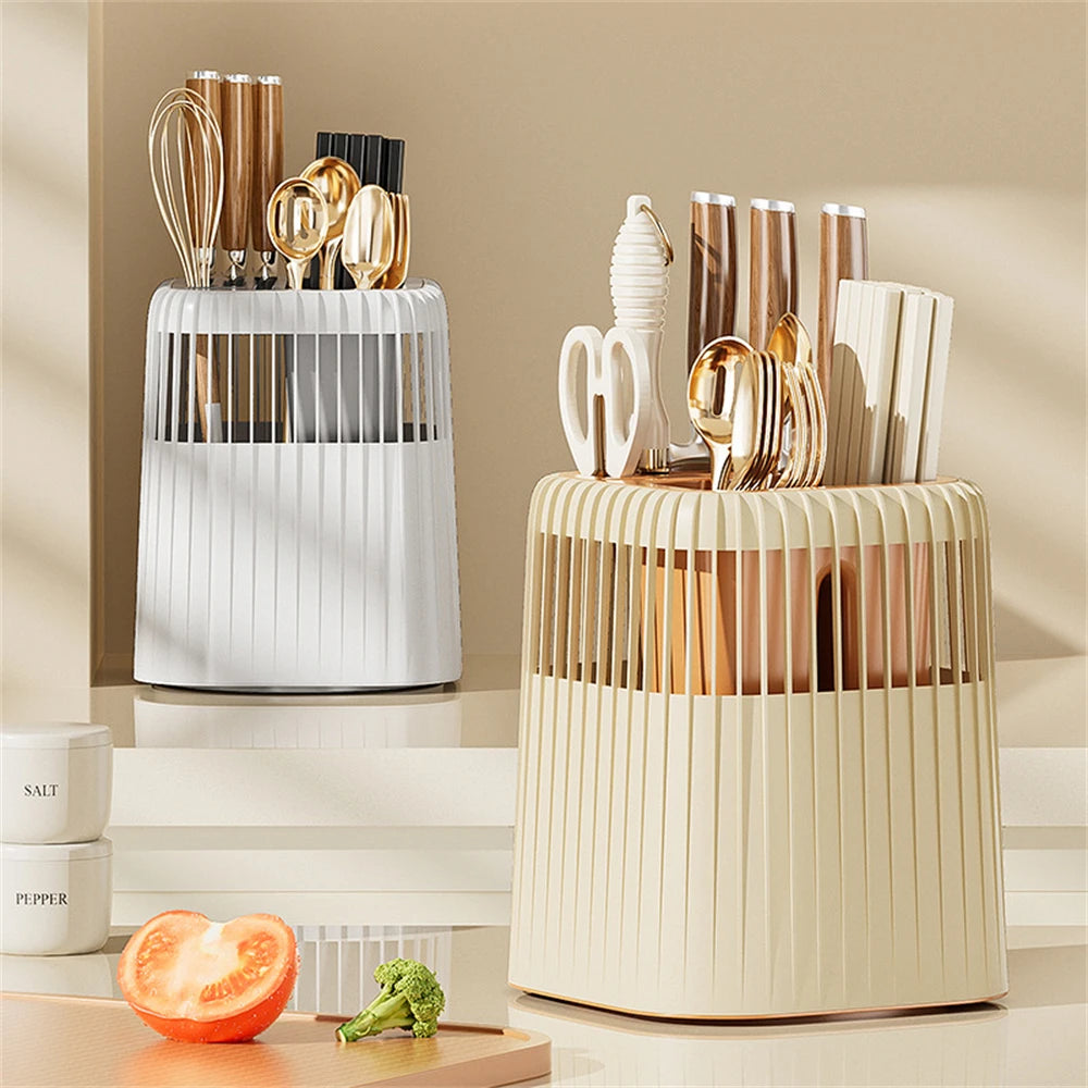 Kitchen Multifunction Rotating Knife Rack Home Drainage Cutlery Knife Holder Chopstick Cylinder Durable Spoon Fork Storage Shelf