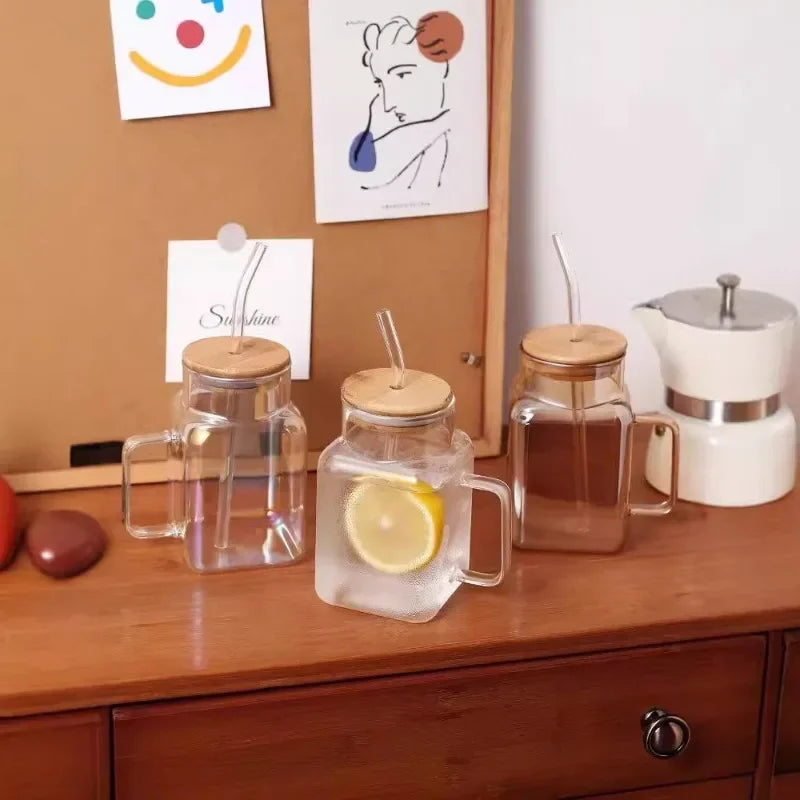 High Borosilicate Glass Cup Square with Lid and Straw Ins Wind Drinking Water Cup