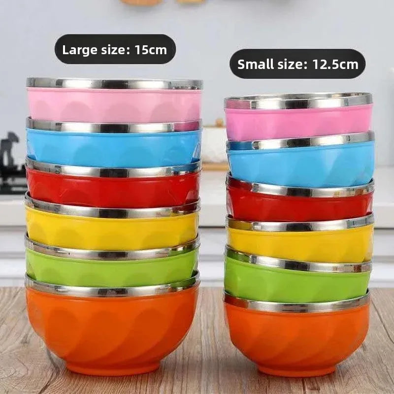 Colorful Anti-Fall Heat-Resistant Stainless Steel Bowls round Shape Instant Noodles Bowls Children's Bowls Double Layer Insulati