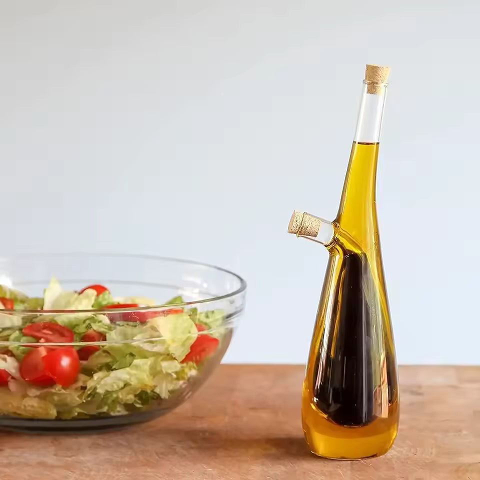 2 In 1 Double Layer Glass Olive Oil Bottle with Stoppers Double Pourer Spout Stoppers Oil Cruet Jar Oil And Vinegar Dispenser