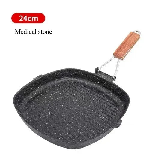 Portable Foldable Frying Pan Picnic Grill Pan Anti-scald Wooden Handle Outdoor Grill Pan Double Mouth Steak Pan(No Lid)