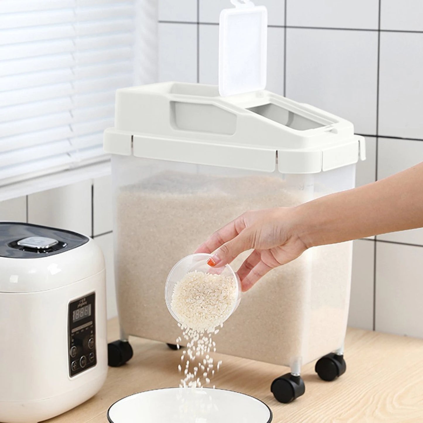 Airtight 20 lbs Rice Storage Container with Wheels, Measuring Cup - Ideal for Rice Flour Cereal Pet Food