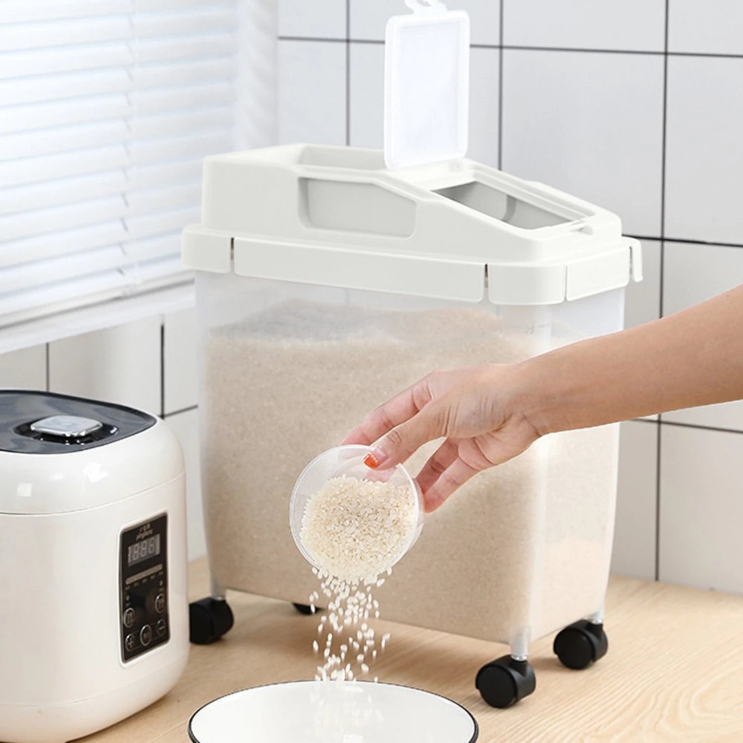 Airtight 20 lbs Rice Storage Container with Wheels, Measuring Cup - Ideal for Rice Flour Cereal Pet Food