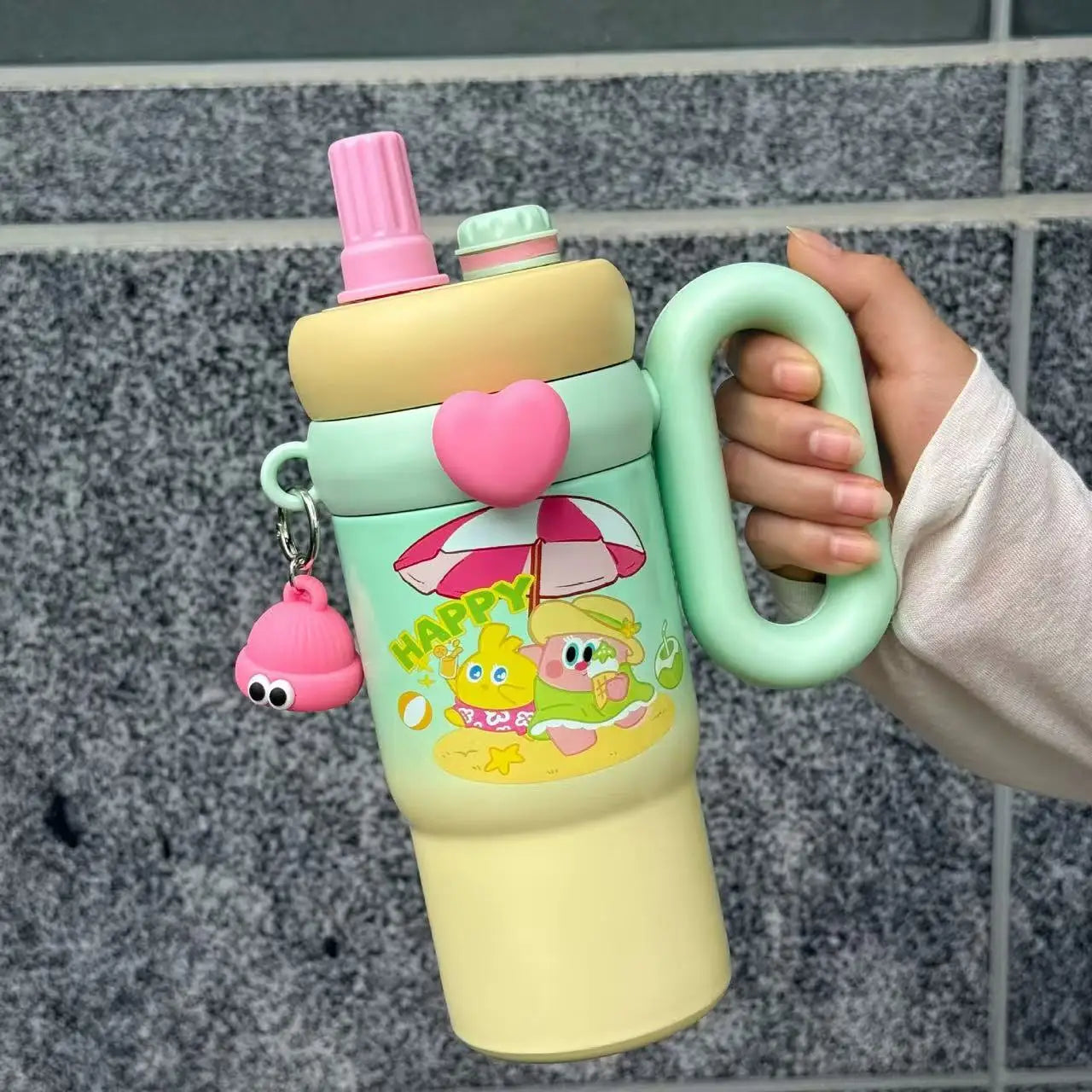 Large Capacity Straw Cup Cartoon Cute Double Drink Insulated Thermos for Students Children Women Portable Travel Water Bottle