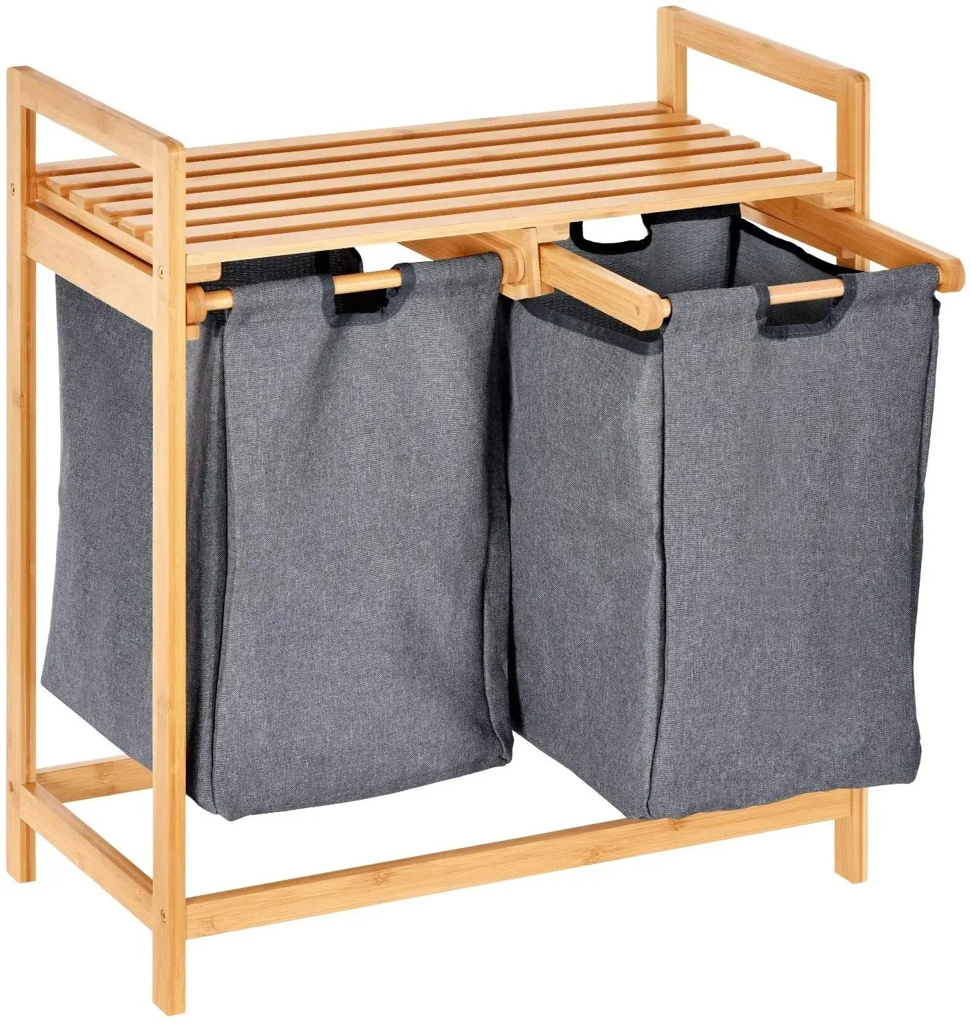 Bamboo Laundry Hamper and Shelf, Dual Compartments Laundry Basket with Removable Bag
