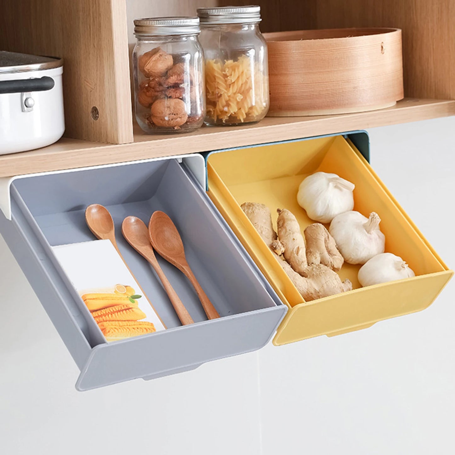 Plastic Under Desk Drawer Pull Down Under Cabinet Drawer Kitchen Organization Easy to Install Office Storage Box