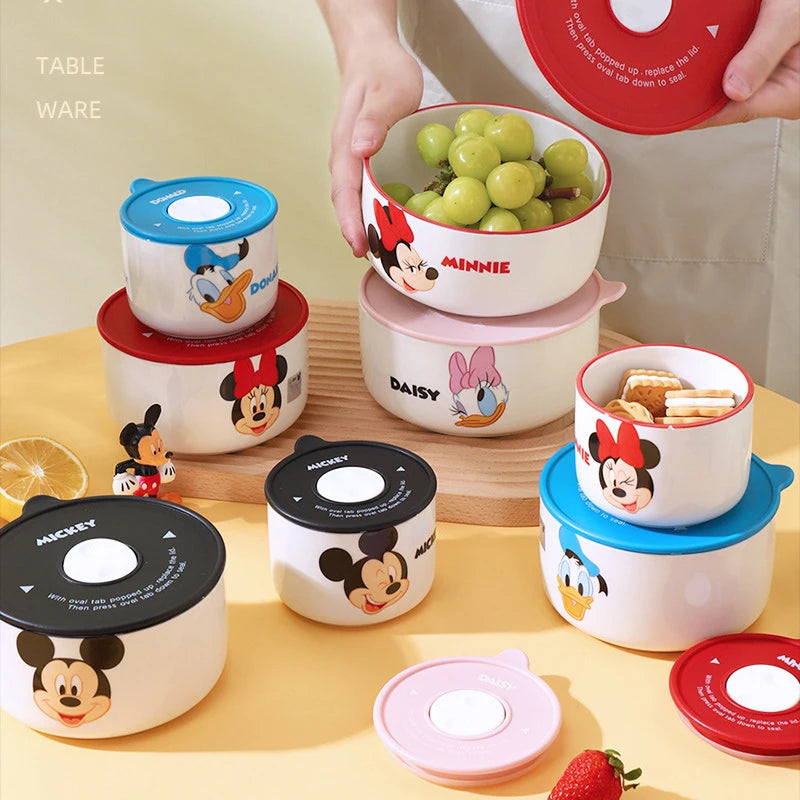 Minnie Lunch Box 3 Piece Set Mickey Bento Box Cartoon Ceramic Lunch Box Fresh Keeping Bowl Microwave Available Christmas Gift