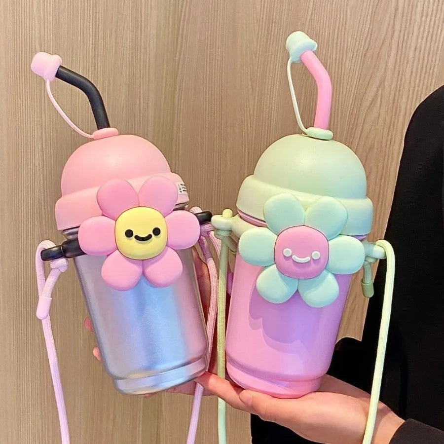 Netroots cartoon vacuum insulation cup female stainless steel high-color value with carry rope flowers milk tea cups