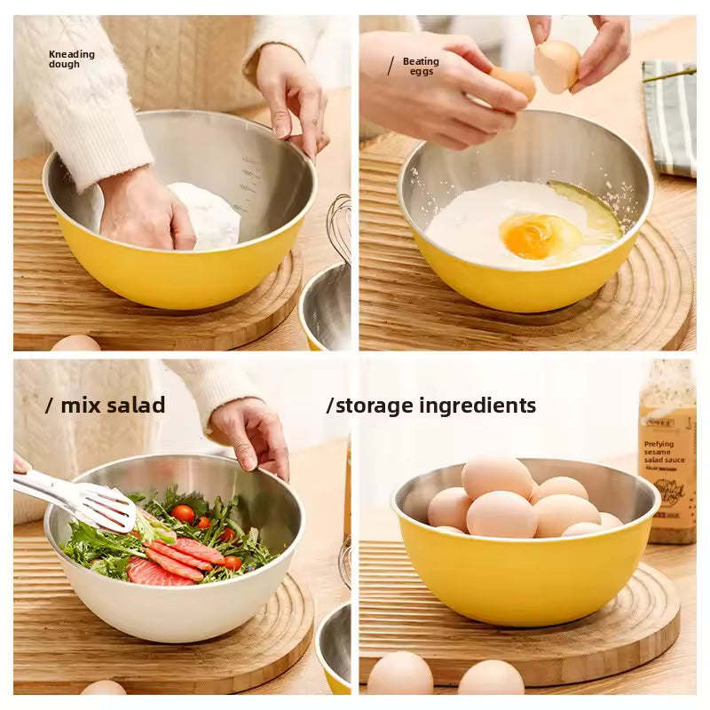 Stainless Steel Food Grade Baking Egg Beating Kitchen Bowl with Scale Korean Ins Style Three Piece Set Salad Bowl Home Use