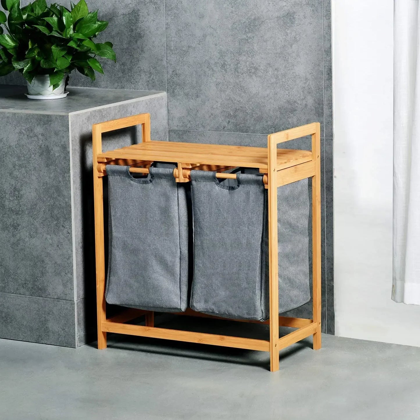 Bamboo Laundry Hamper and Shelf, Dual Compartments Laundry Basket with Removable Bag