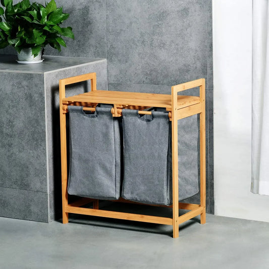 Bamboo Laundry Hamper and Shelf, Dual Compartments Laundry Basket with Removable Bag