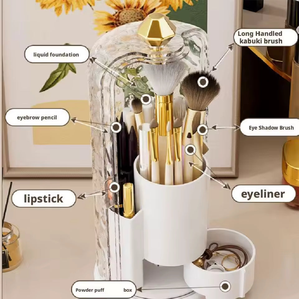 Makeup Brush Holder Manager With Transparent Cover Rotating Sliding Opening Dustproof Brush Container