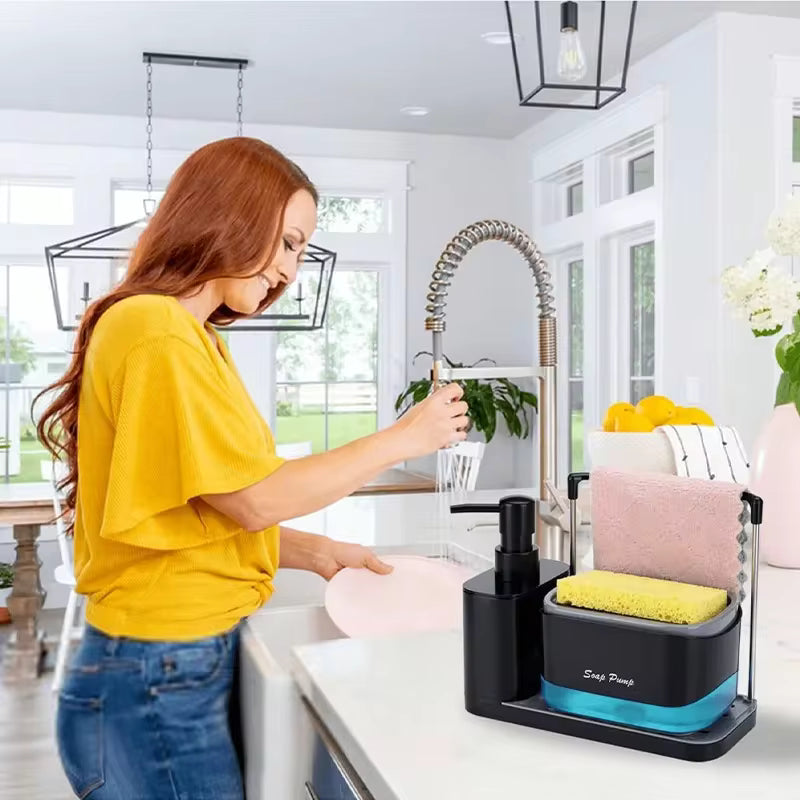 Multi-Functional Kitchen Soap Dispenser Hand Dish Soap Dispenser with Dual Soap Dispensers Sponge and Dishcloth Holders Tray