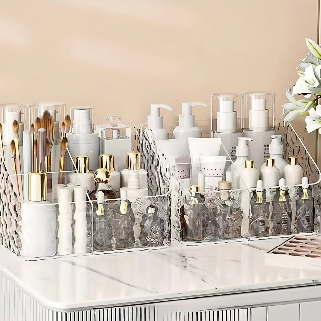 4-Compartment Acrylic Cosmetic Storage Organizer Transparent Makeup and Skincare Product Holder, Office Desk Stationery Box