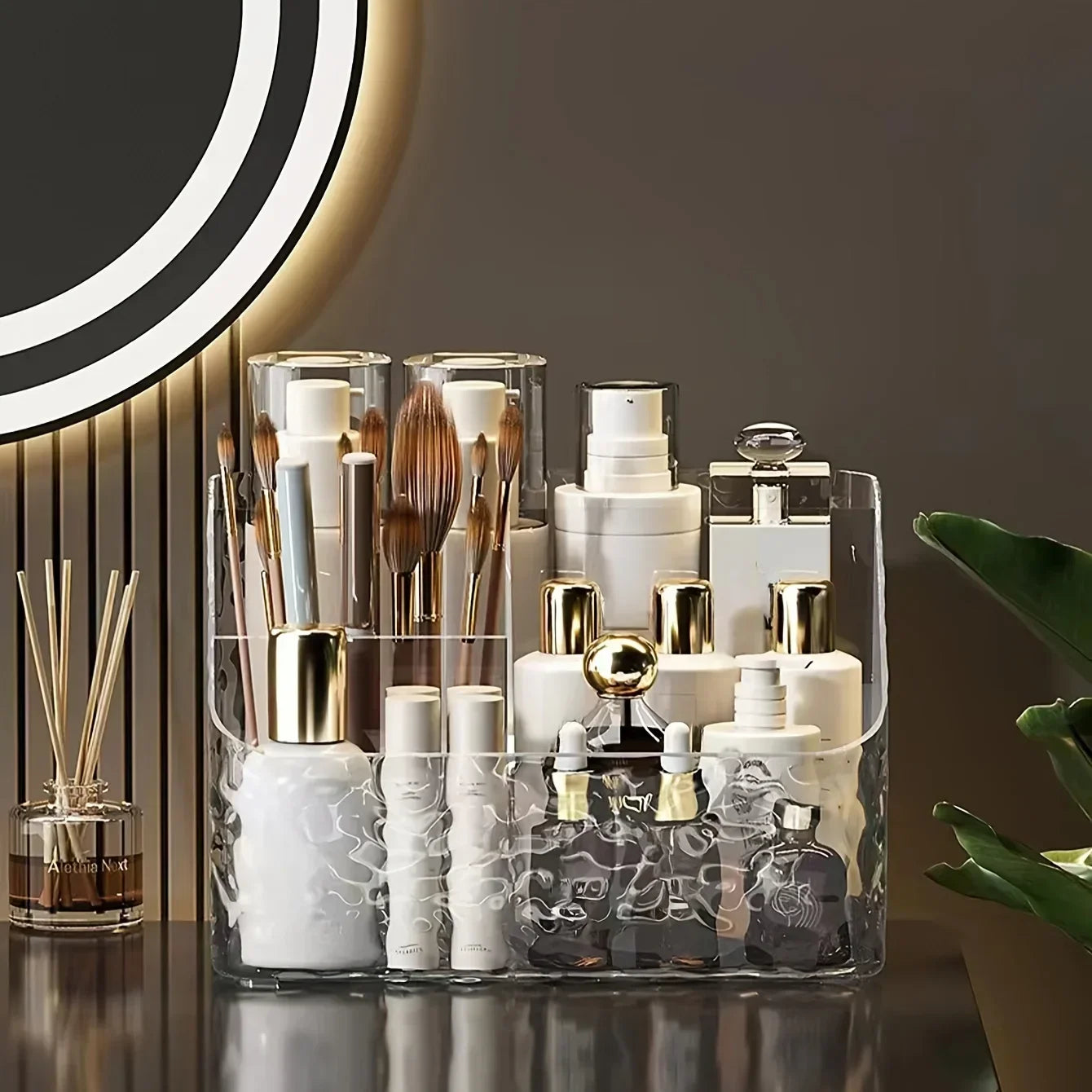 4-Compartment Acrylic Cosmetic Storage Organizer Transparent Makeup and Skincare Product Holder, Office Desk Stationery Box