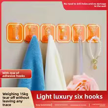 Strong Adhesive Six Row Hooks No Drilling Kitchen Bathroom Wall Multi-Function Powerful Traceless Sticky Hooks Closet Storage