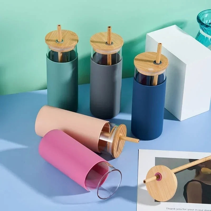 1pc Glass Tumbler with Bamboo Lid and Silicone Cover High Temperature Resistant Tea Cup Juice Glass Milk Water Cup Drinkware