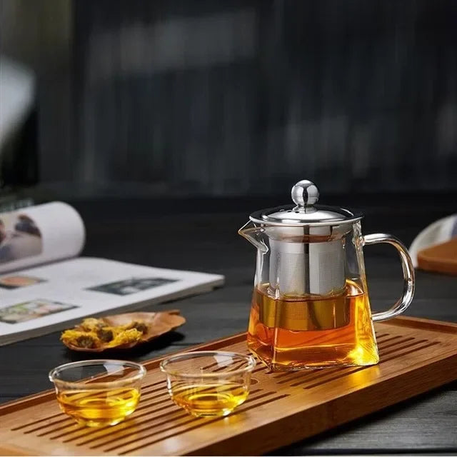 Heat Resistant Glass Teapot With Stainless Steel Coffee Infuser Heated Container Tea Pot Good Clear Kettle Square Filter Baskets