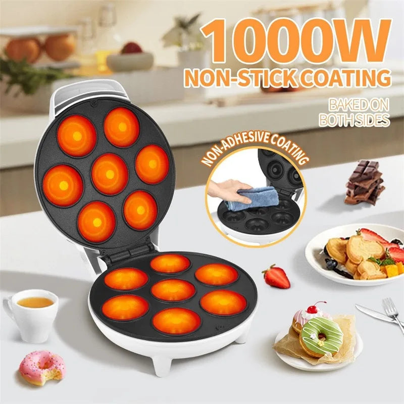 Mini Donuts Machine. Household Seven-Hole Donut Machine Double-Sided Heating Breakfast Machine Multifunctional Cake Machine.