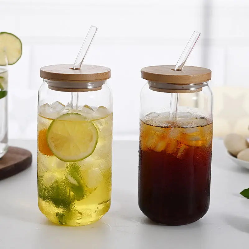 Creative Wide Mouth Mason Jar Drinking Glasses with Bamboo Lids and Straws Cute Reusable Smoothie Cups Iced Coffee Cup