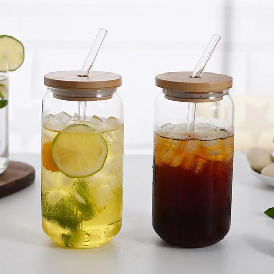 Creative Wide Mouth Mason Jar Drinking Glasses with Bamboo Lids and Straws Cute Reusable Smoothie Cups Iced Coffee Cup
