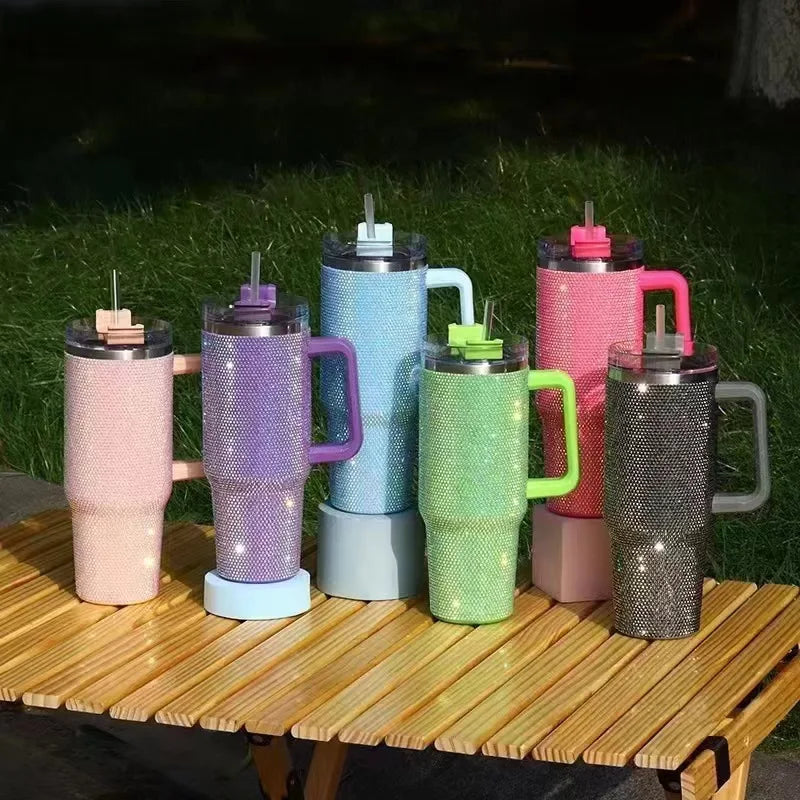 40oz Rhinestone Studded Diamond Bling Stainless Steel Tumbler with Handle Travel Vacuum Coffee Mug with Straws for Car Thermos