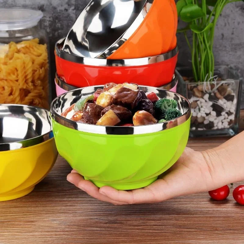Colorful Anti-Fall Heat-Resistant Stainless Steel Bowls round Shape Instant Noodles Bowls Children's Bowls Double Layer Insulati