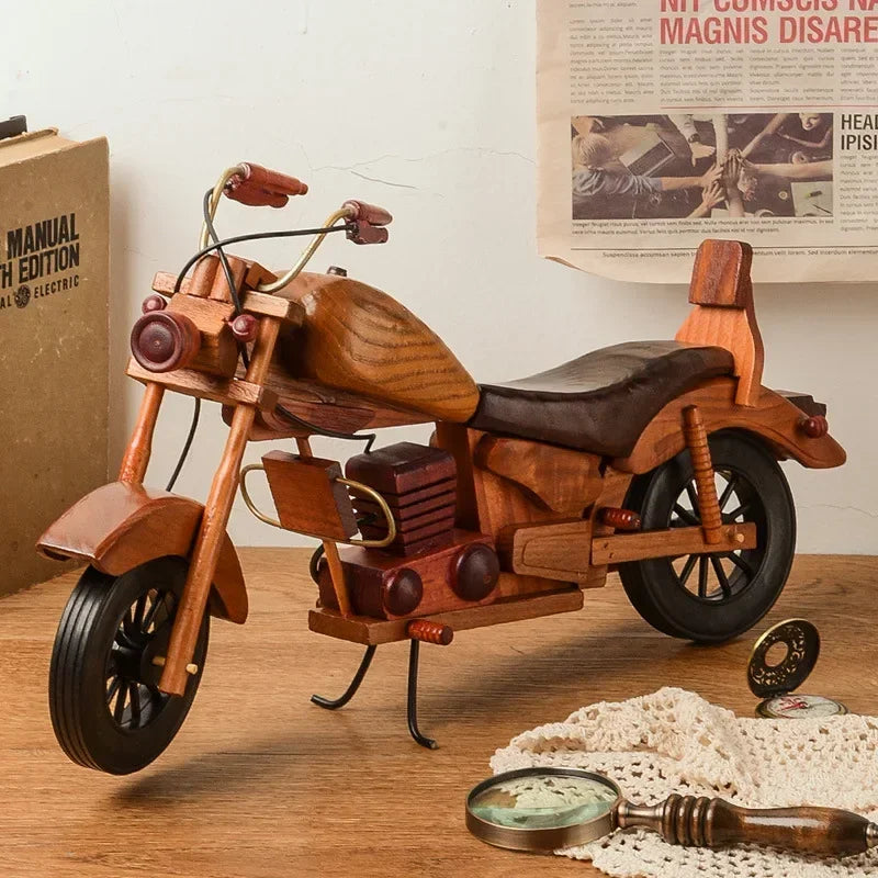 Retro Wooden Motorcycle Model Car Doll Ornaments Wooden Handmade Home Office Decoration Crafts Children's Birthday Gifts