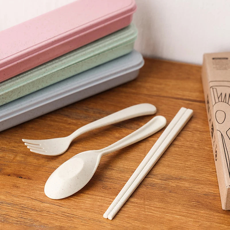 3Pcs/Set Portable Tableware Set Plastic Cutlery Sets Fork Spoon Chopsticks Suit Eco-friendly Reusable Travel Flatware With Box