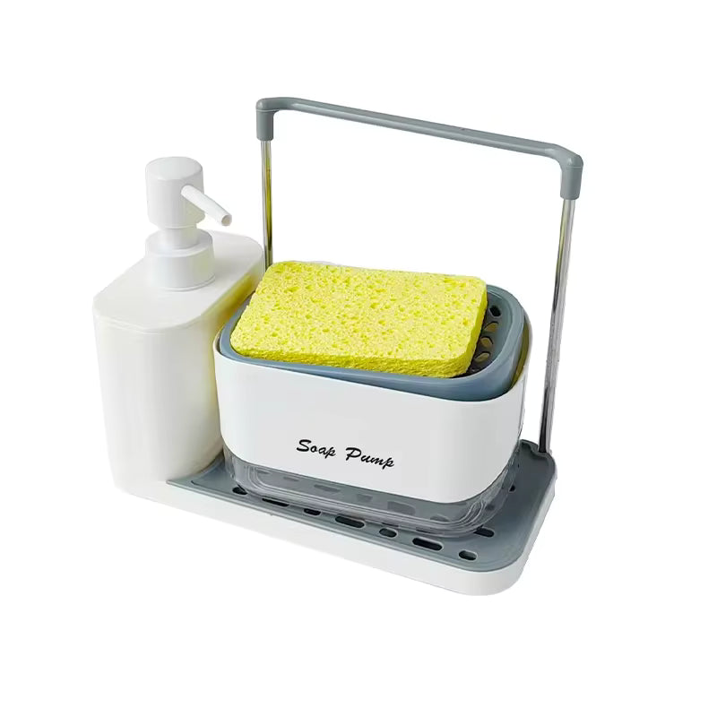 Multi-Functional Kitchen Soap Dispenser Hand Dish Soap Dispenser with Dual Soap Dispensers Sponge and Dishcloth Holders Tray