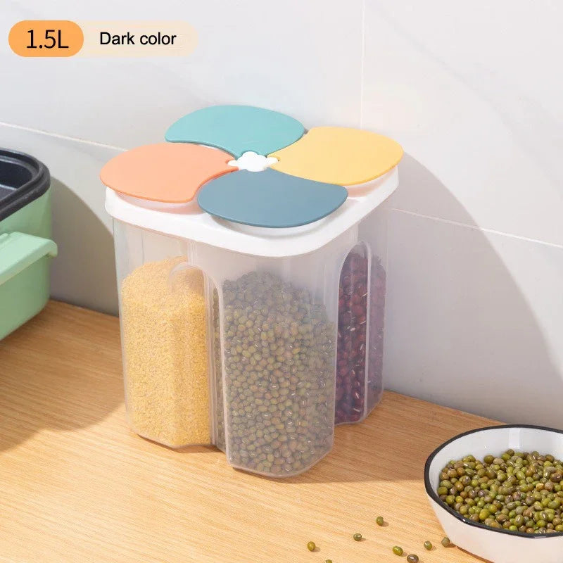 Kitchen Cereals Storage Box Plastic 4 Grids Sealed Jars 1.5L/2.3L Food Container Moisture-proof Grain Tank Keep Fresh Box