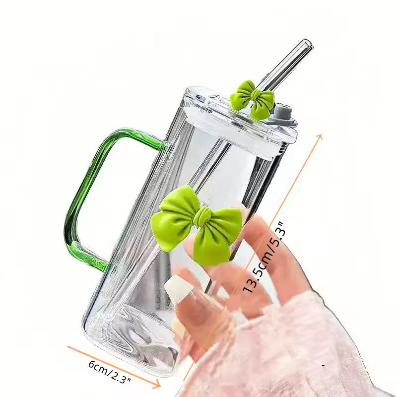 1PC Cute Doodle Coffee Mug Household Fruit Tea Lemonade Girls Gift Bow Glass Cute Water Cup Cartoon Bow Glass Cup Striped