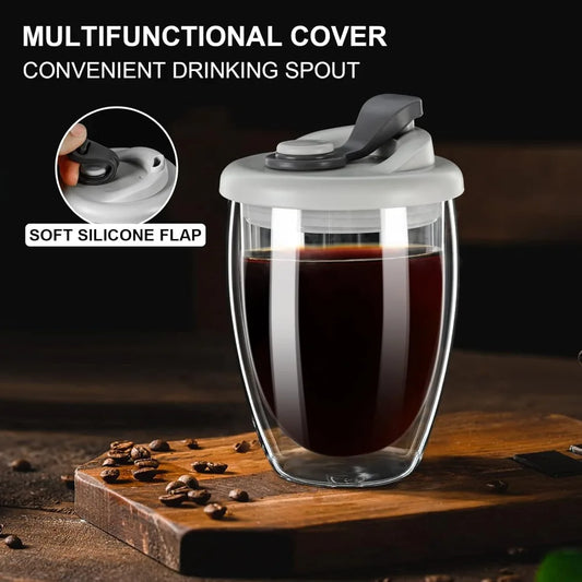 Portable Double Wall Glass Coffee Mug With Silicone Lid Transparent Insulated Coffee Cups Milk Tea Juice Mug Dinkware Water Cup