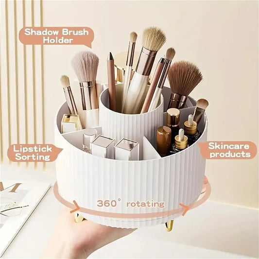 360° Rotating Makeup Organizer - 1pc Plastic Cosmetic Storage with 5 Compartments - Multi-Functional Holder for Brushes