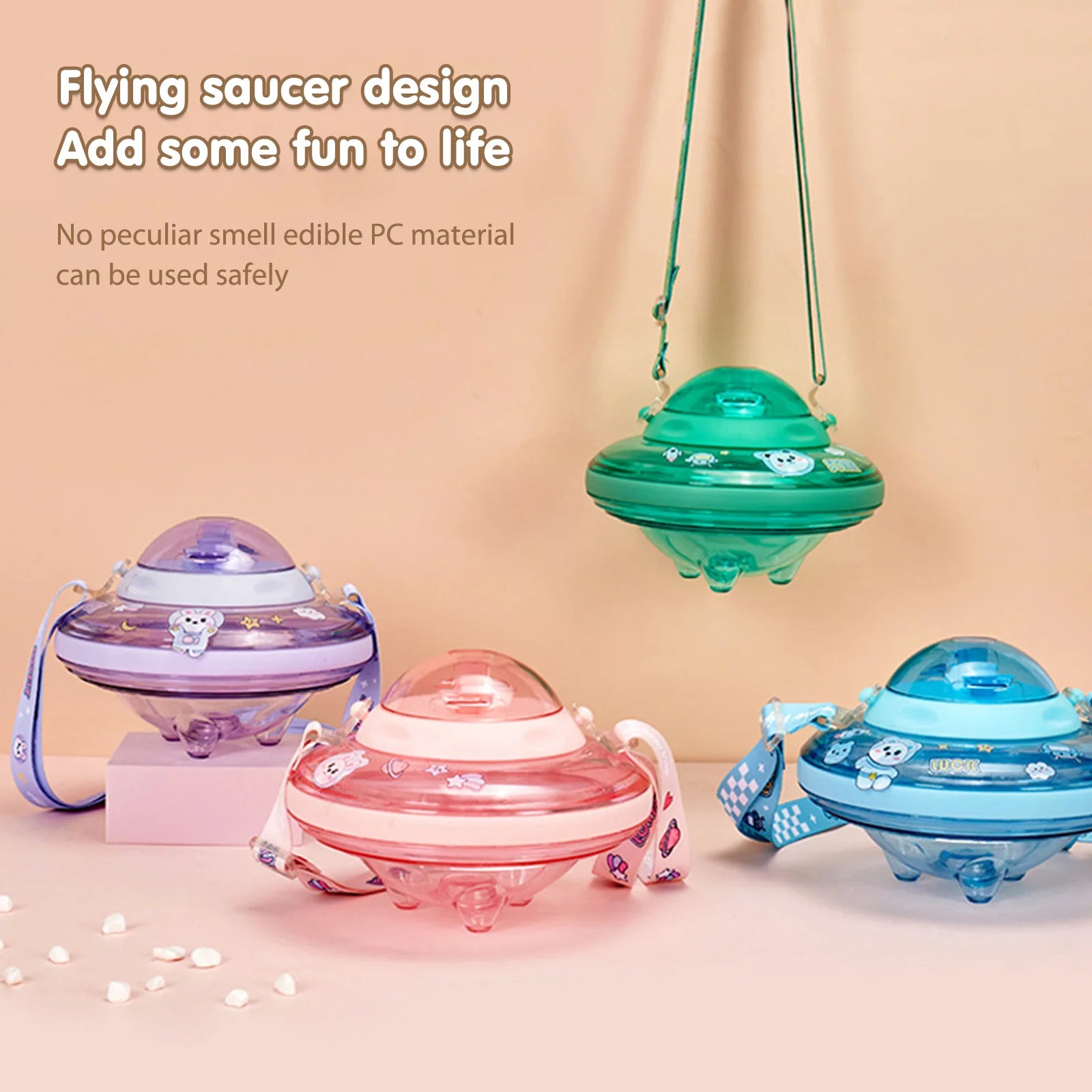 UFO Shape Plastic Cup Summer Cute Water Bottle with Rope and Sticker 550ml Creative Kids Water Cup Bottle Kids Water Sippy Cup