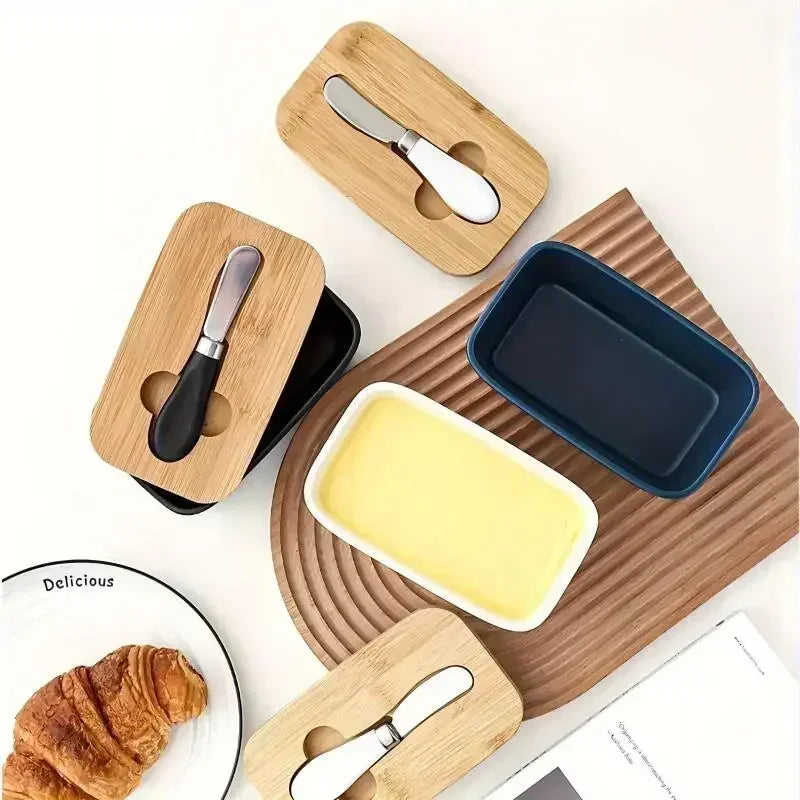 Ceramic Butter Boxes Dishes Cans Cheese Trays Vertical Containers Kitchen Food Storage Containers with Round Wooden Covers