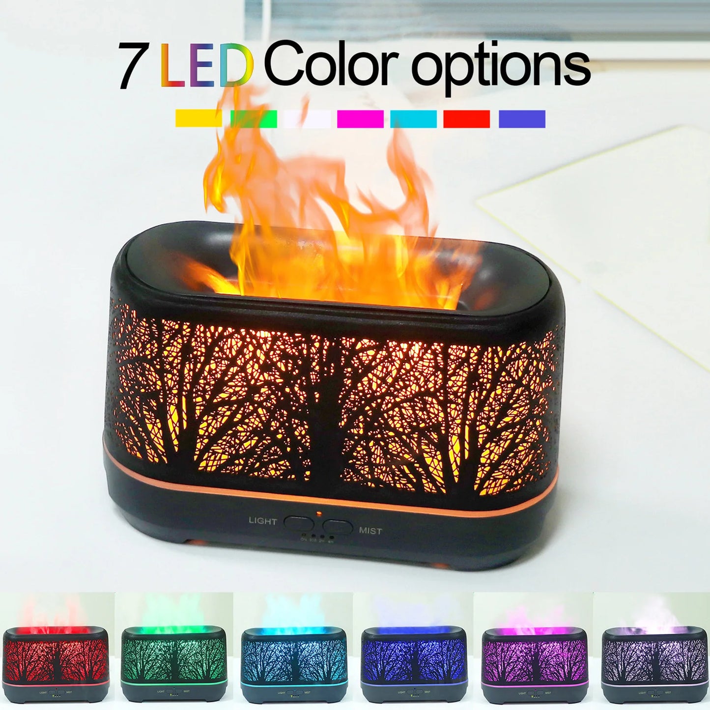 Flame Aroma Diffuser Iron Hollow Out Forest Colorful Lights Fire Mist Humidifier for Bedroom Home Office
