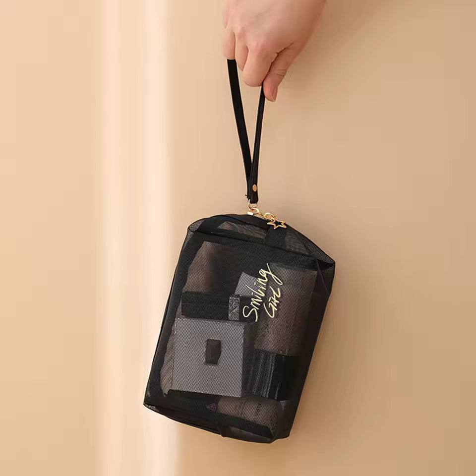 Portable Large Capacity Mesh Cosmetic Bag Transparent Black Nylon Mesh Makeup Pouch Travel Storage Case Toiletry Organizer
