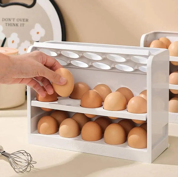 30-Grid Rotating Egg Storage Box, 3-Tier Fridge Organizer, Egg Holder Tray, Flip-Top Refrigerator Rack, Convenient Egg Storage Solution.