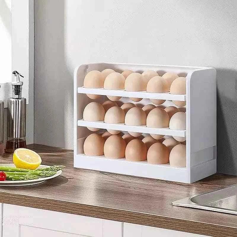 30-Grid Rotating Egg Storage Box, 3-Tier Fridge Organizer.