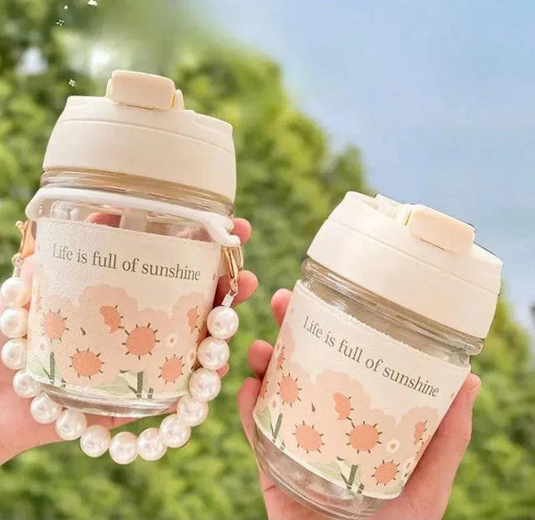 Portable Thermal Mini Bottle with Glass Straw, Dual-Use Drinking Cup with Pearl Bracelet Design