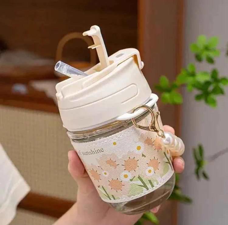 Portable Thermal Mini Bottle with Glass Straw, Dual-Use Drinking Cup with Pearl Bracelet Design