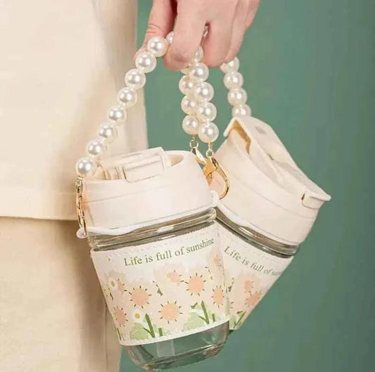 Portable Thermal Mini Bottle with Glass Straw, Dual-Use Drinking Cup with Pearl Bracelet Design