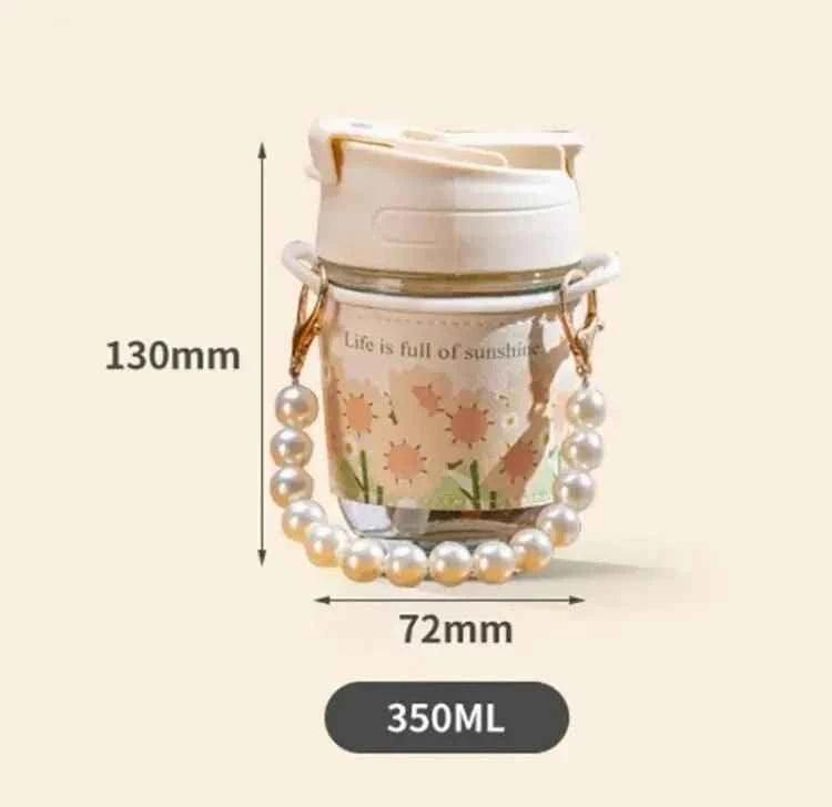 Portable Thermal Mini Bottle with Glass Straw, Dual-Use Drinking Cup with Pearl Bracelet Design