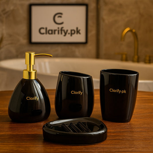 4-Piece Luxury Bathroom Set – Glossy Black with Gold Pump