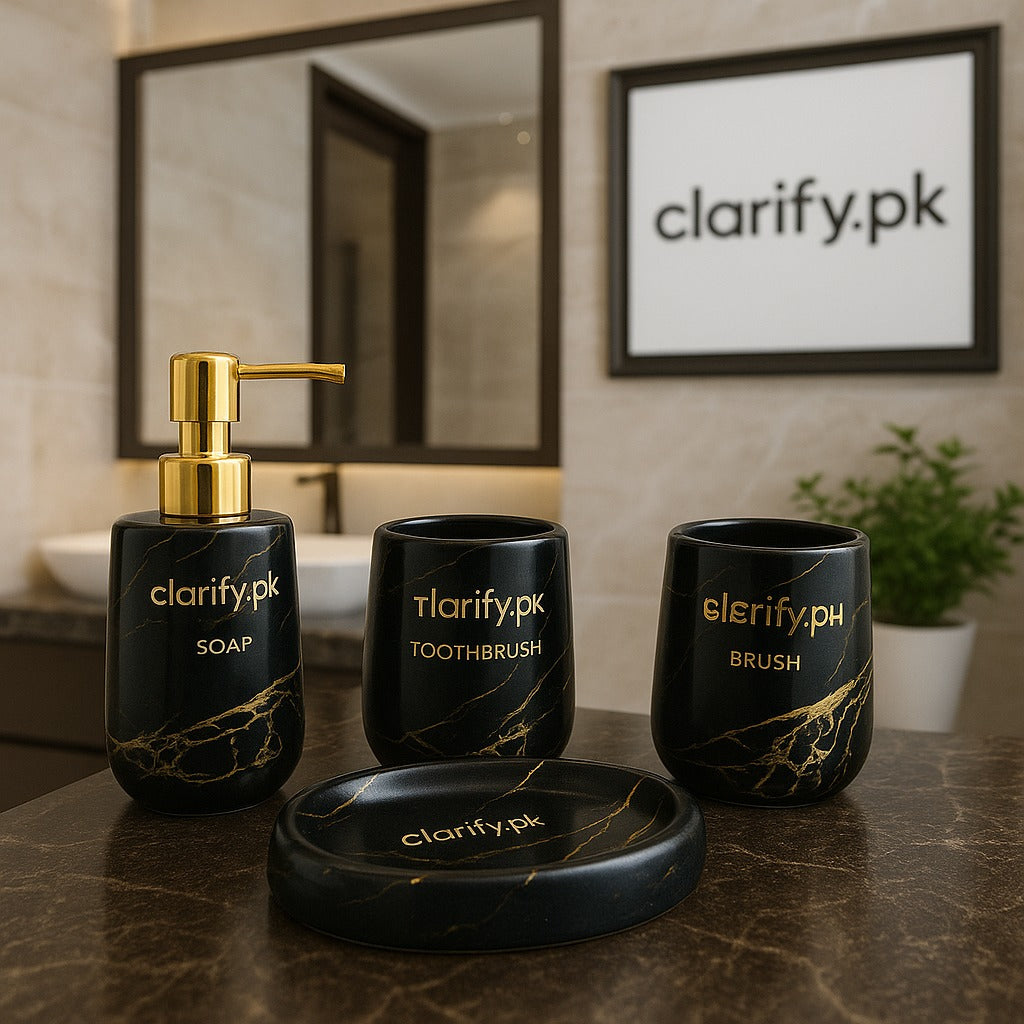 4-Piece Luxury Bathroom Set – Black Marble Design with Gold Pump