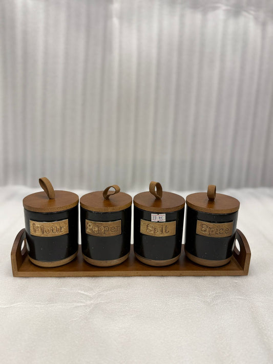 Luxury Ceramic Jar Set – 4 Pcs With Wooden Lids