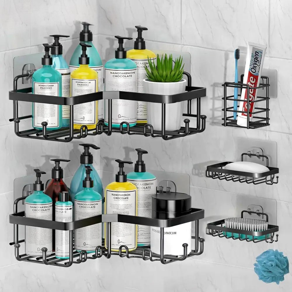 Rustproof 5-Piece Black Bathroom Shelf Set – Wall Mounted